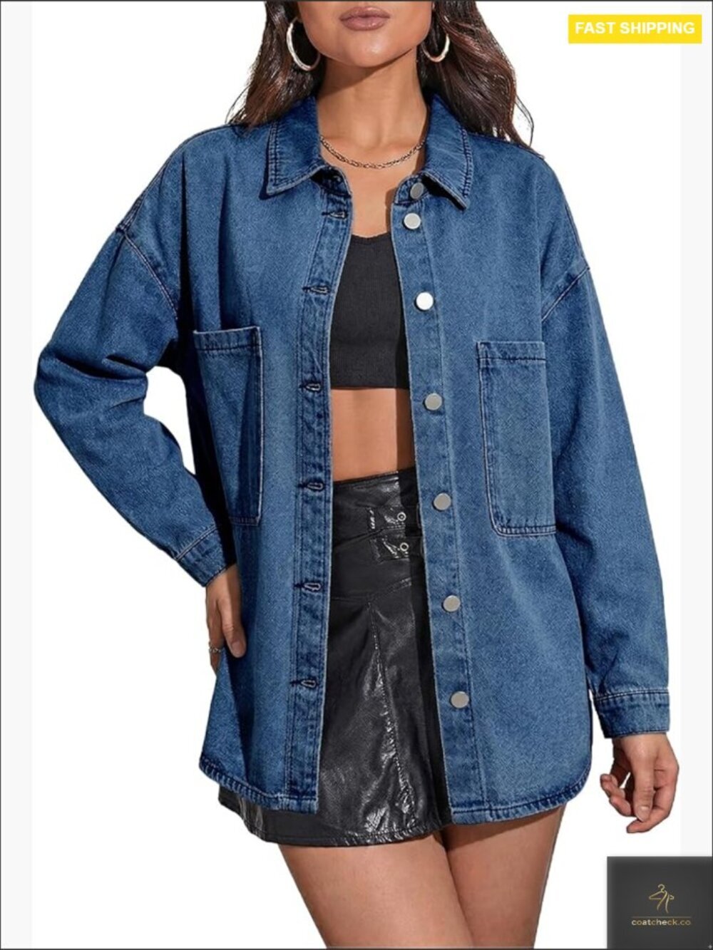 Oversized Denim Button Down Jean Shacket Long Sleeve Casual Top with Pockets